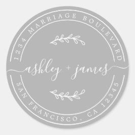 Elegant Namn Grått Bröllop Returadress Runt Klistermärke
