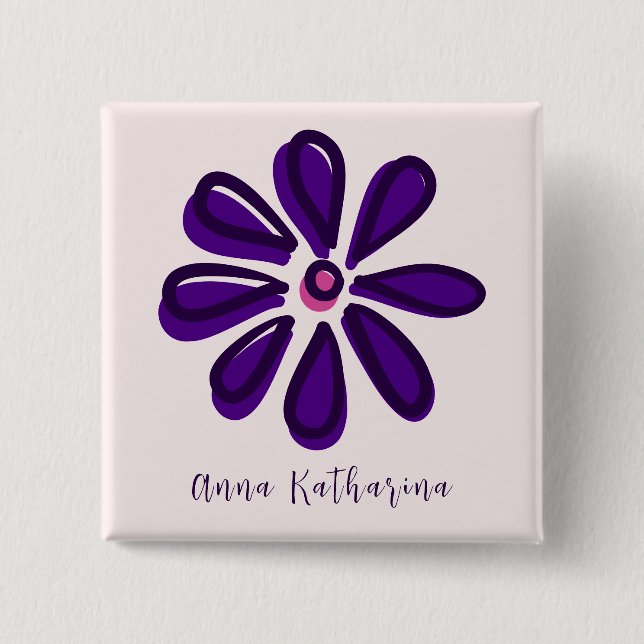 Elegant Namn Lila Flower Doodle Square Knapp (Framsida)