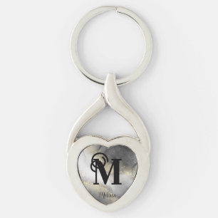 Elegant Namn Monogram Black och Guld Twisted Heart Silverfärgad Nyckelring