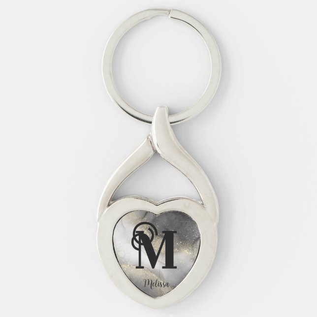 Elegant Namn Monogram Black och Guld Twisted Heart Silverfärgad Nyckelring (Framsidan)