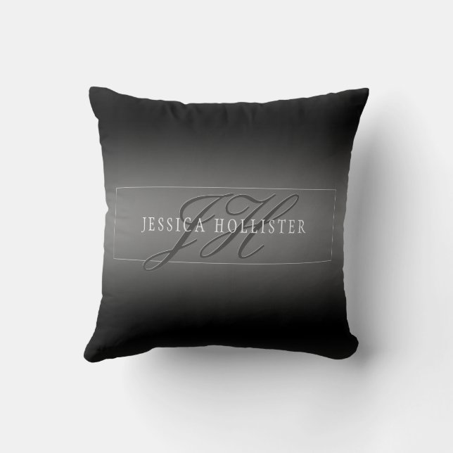 Elegant namn & monogram initialer | Svart & Grå Kudde (Baksida)