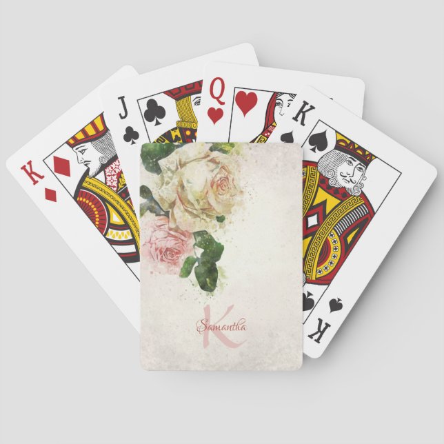 Elegant Namn Monogram  Rosa Watercolor Ro Casinokort (Baksidan)