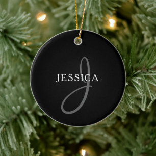 Elegant Namn Monogram Svartvit och Grått Julgransprydnad Keramik
