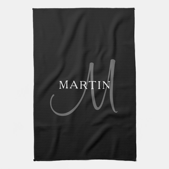 Elegant Namn Monogram | Svartvit och Grått Kökshandduk (Vertikal)