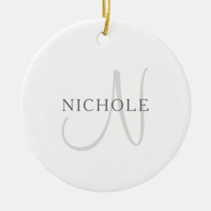 Elegant Namn Monogram Vitt och Grått Julgransprydnad Keramik