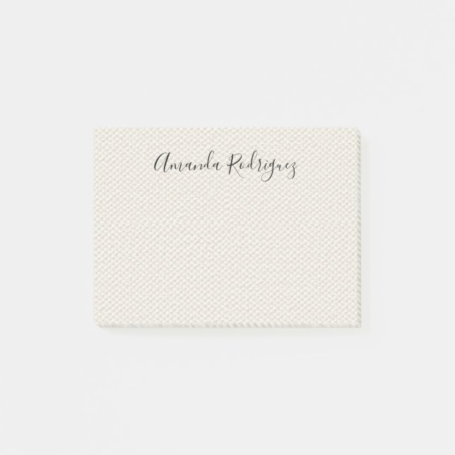 Elegant Namn på Beige Faux Canvas Struktur Post-it Block (Framsida)