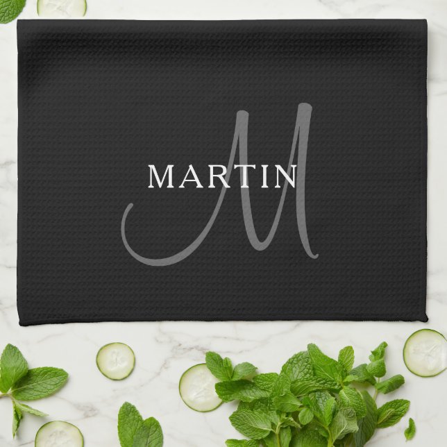 Elegant namnmonogram | Svart Vitt & Grått Kökshandduk (Vikta)
