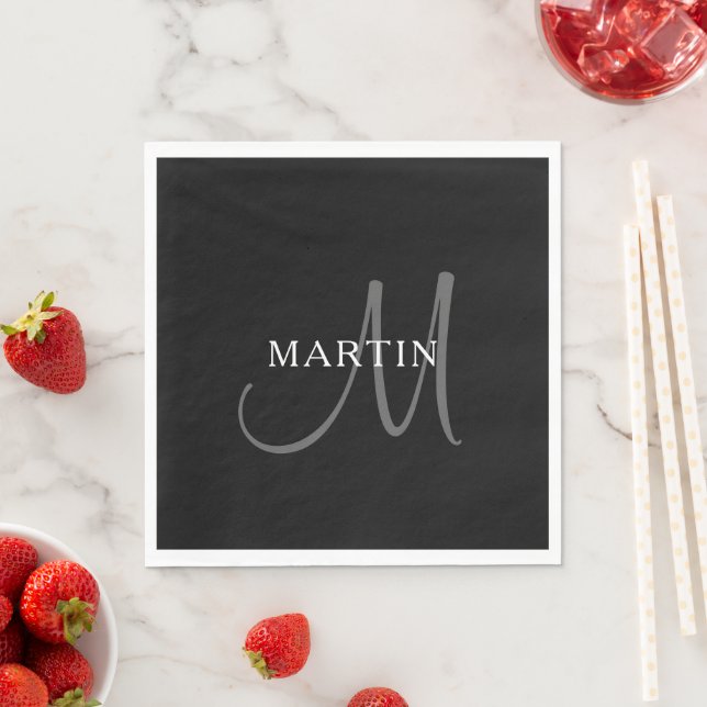 Elegant namnmonogram | Svart Vitt & Grått Pappersservett (Insitu)