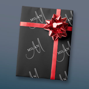 Elegant namnmonogram Svart Vitt & Grått Presentpapper