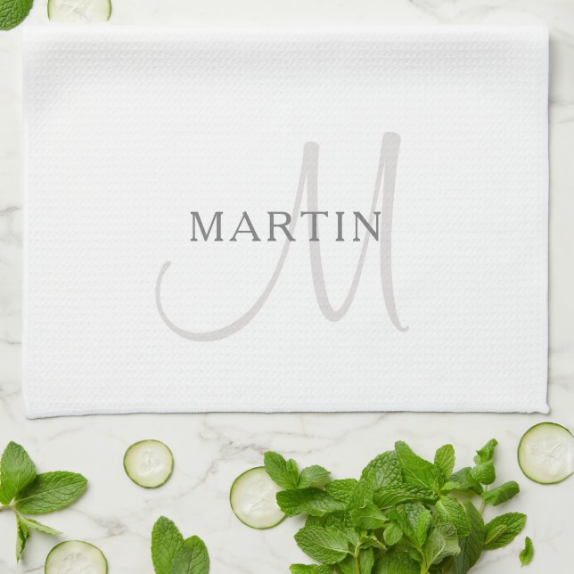 Elegant namnmonogram | Vit & Grå Kökshandduk (Vikta)