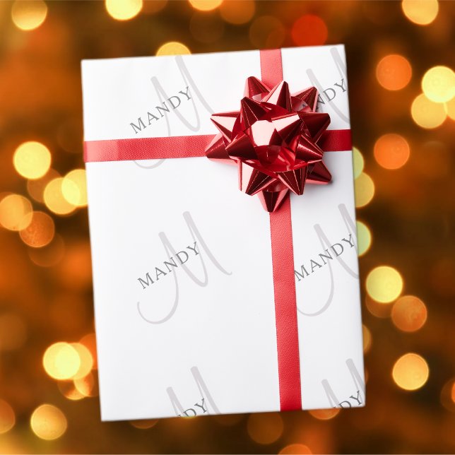 Elegant namnmonogram & Vit & Grå Presentpapper (Skapare uppladdad)