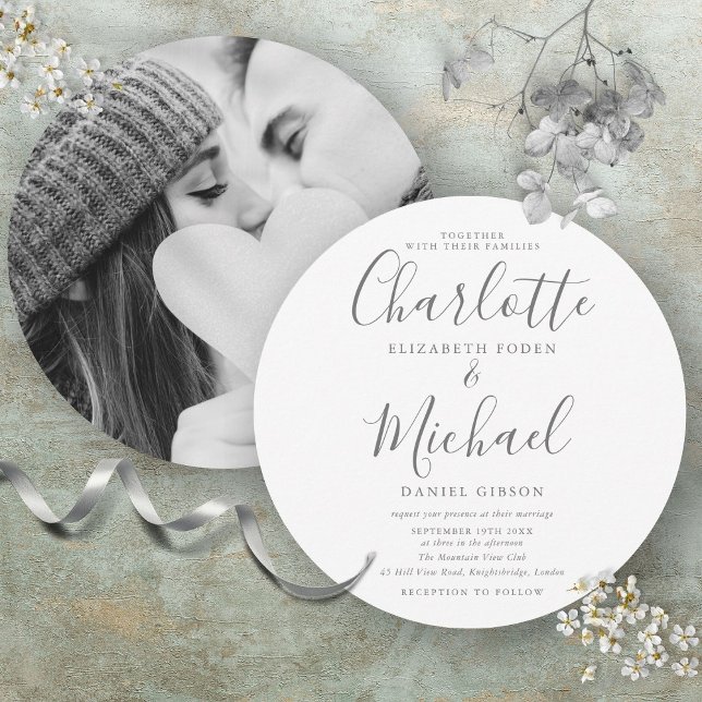 Elegant Namnteckning cirkulärt foto Bröllop Inbjudningar (Elegant Signature Circular Photo Wedding Invitation)