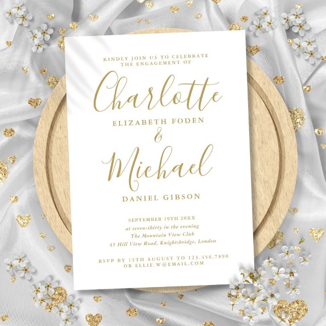 Elegant Namnteckning Förlovningsfesten Guld Script Inbjudningar (Elegant Signature Gold Script Engagement Party Invitation)