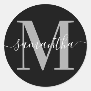 Elegant Namnteckning Grått Modern Monogram Black Runt Klistermärke