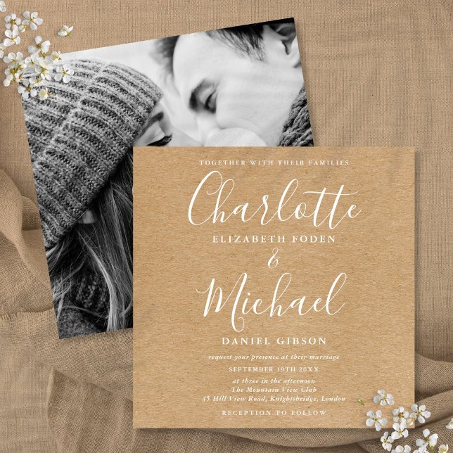 Elegant Namnteckning Rustic Kraft Bröllop Photo Inbjudningar (Elegant Signature Rustic Kraft Wedding Photo Invitation)