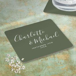 Elegant Namnteckning skript Oliv grönt Bröllop Underlägg Papper Kvadrat