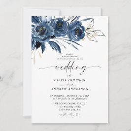 Elegant nattblå akvarellblommig bröllop inbjudningar