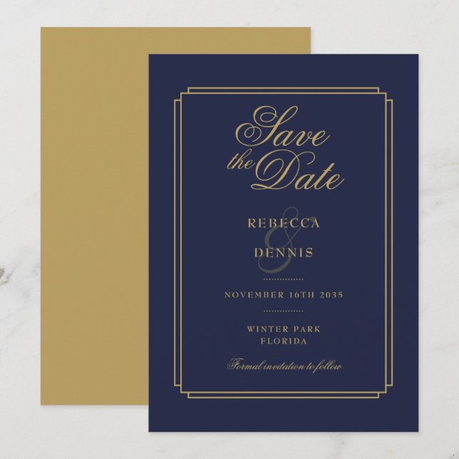 Elegant nattblå och guld Script Art Deco Bröllop Spara Datumet (Fram/baksida)
