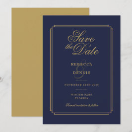 Elegant nattblå och guld Script Art Deco Bröllop Spara Datumet