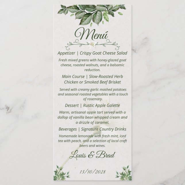 Elegant Natural Greenery Foliage Wedding Menu Meny (Framsida)
