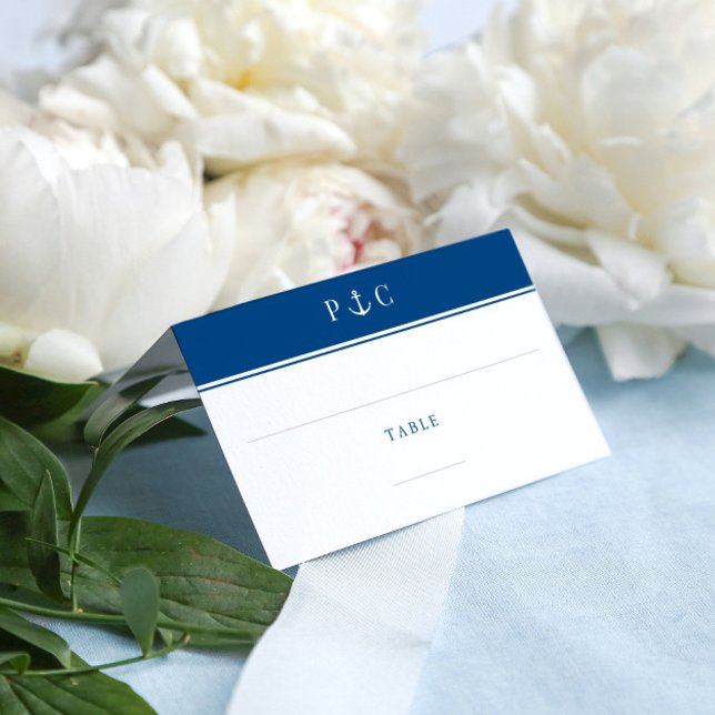 Elegant Nautical Anchor Monogram Navy Blue Placeringskort (Elegant Nautical Navy Blue Anchor place card with minimal monogram by Coastal Map Designs)