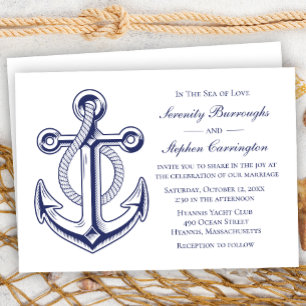Elegant Nautical Anchor Navy Blue Summer Bröllop Inbjudningar