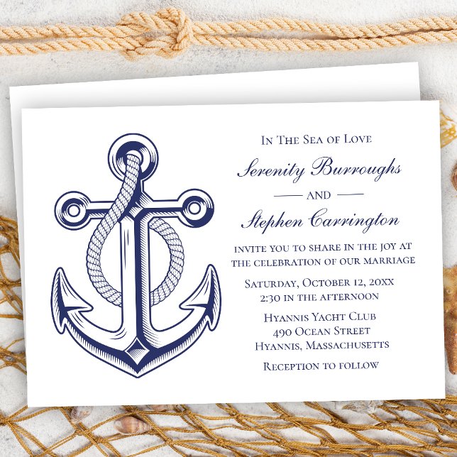 Elegant Nautical Anchor Navy Blue Summer Bröllop Inbjudningar (Skapare uppladdad)