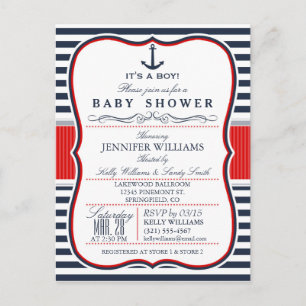 Elegant Nautical Baby Shower Inbjudan; Navy and Re Inbjudan Vykort