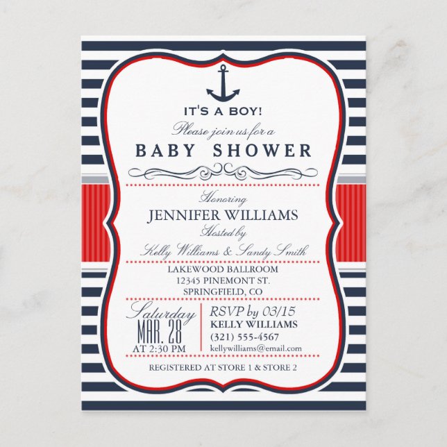 Elegant Nautical Baby Shower Inbjudan; Navy and Re Inbjudan Vykort (Framsida)