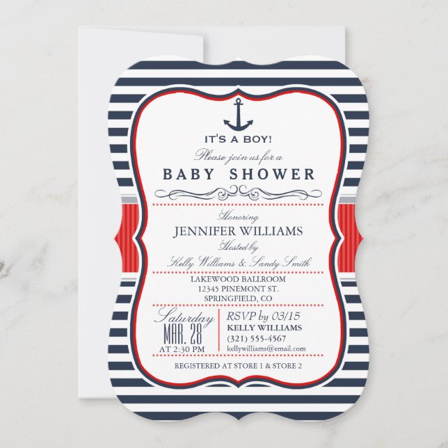 Elegant Nautical Baby Shower Inbjudan; Navy and Re Inbjudningar (Framsida)