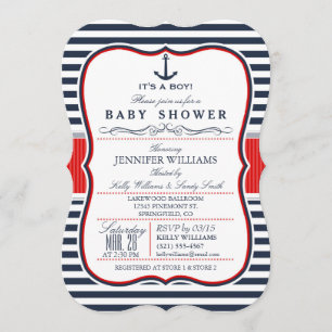 Elegant Nautical Baby Shower Inbjudan; Navy and Re Inbjudningar