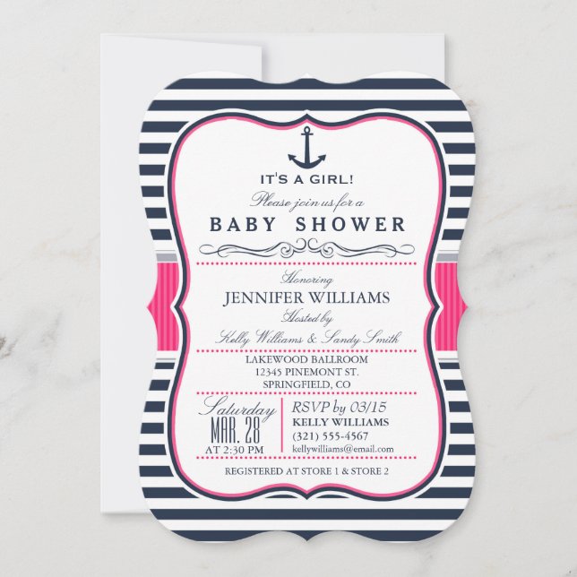 Elegant Nautical Baby Shower Inbjudan; Navy and Ro Inbjudningar (Framsida)