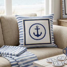 Elegant Nautical Blue Anchor and Light Blue Stripe Kudde