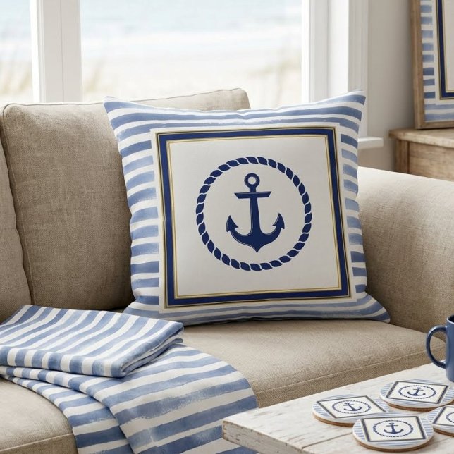 Elegant Nautical Blue Anchor and Light Blue Stripe Kudde (Skapare uppladdad)
