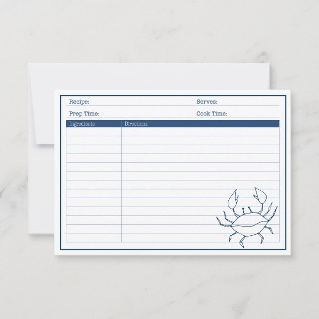 Elegant Nautical Blue Crab Seafood Recept Card (Framsida)