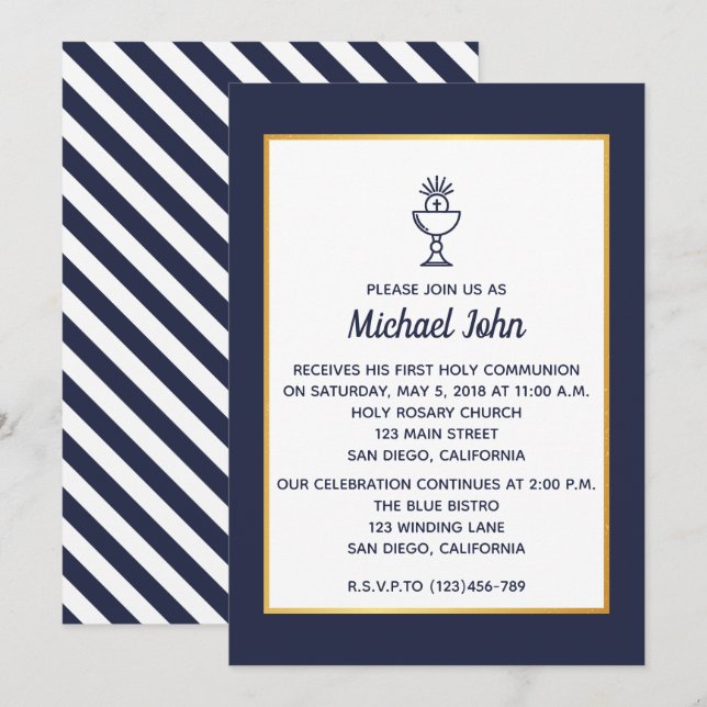 Elegant Nautical Blue Faux Guld First Inbjudningar (Fram/baksida)