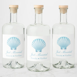 Elegant Nautical Blue Snäcka Ny gifta Bröllop Spritflaskor Etikett