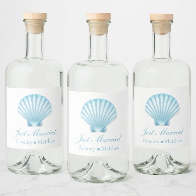 Elegant Nautical Blue Snäcka Ny gifta Bröllop Spritflaskor Etikett (Flaskor)