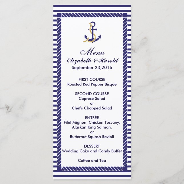 Elegant Nautical Bröllop Navy Rand Menu Meny (Framsida)