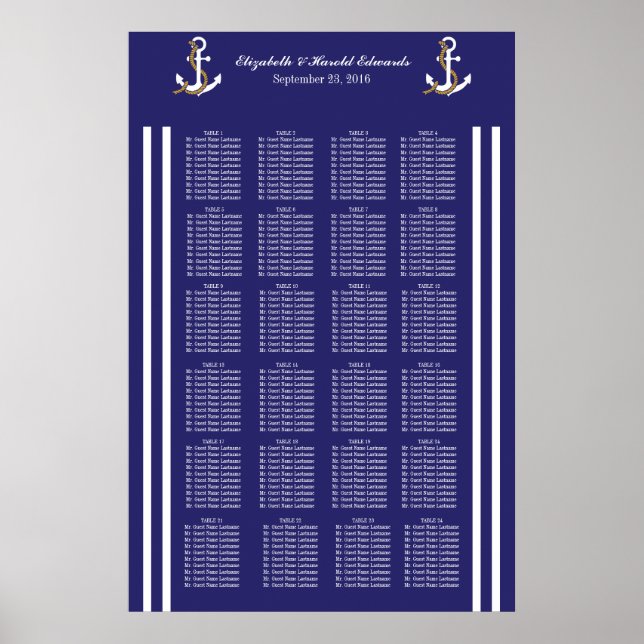 Elegant Nautical Bröllop Navy Rand Seatdiagram Poster (Framsidan)