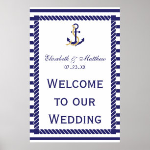 Elegant Nautical Bröllop Navy Rand Välkommen Poster