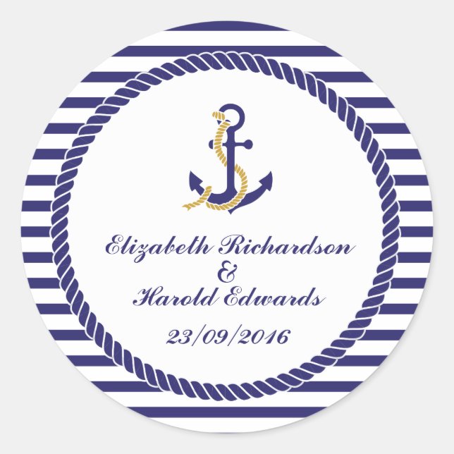 Elegant Nautical Bröllop Runt Klistermärke (Framsida)