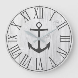 Elegant Nautical Faux White Wood & Grått Anchor Stor Klocka