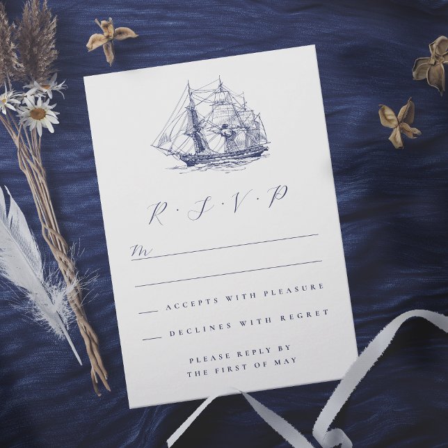 Elegant Nautical Frakt Illustration Bröllop OSA Kort (In situ of nautical ship RSVP card)