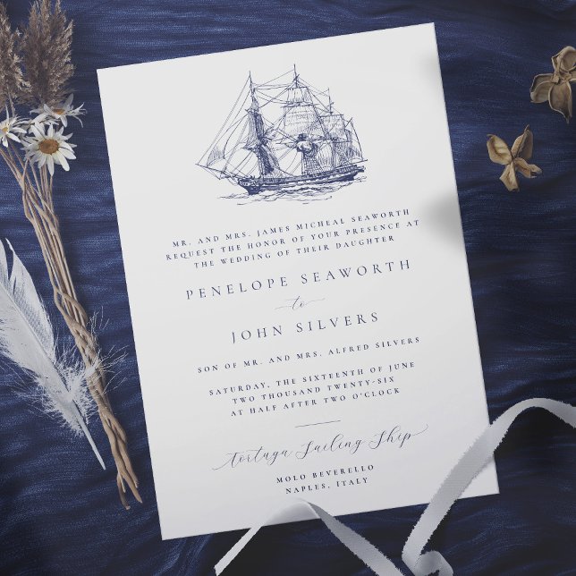 Elegant Nautical Frakt Illustration Formal Bröllop Inbjudningar (Formal wedding invitation with an illustration of a sailing ship)