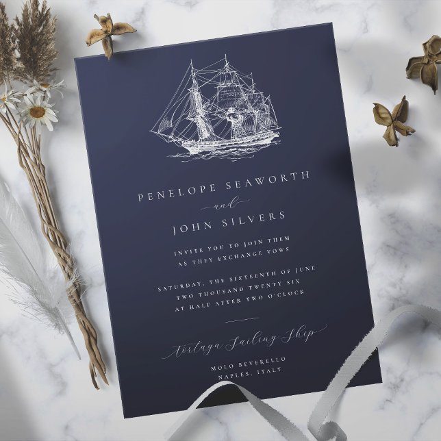 Elegant Nautical Frakt Illustration Navy Bröllop Inbjudningar (Navy blue wedding invitation with an illustration of a ship)