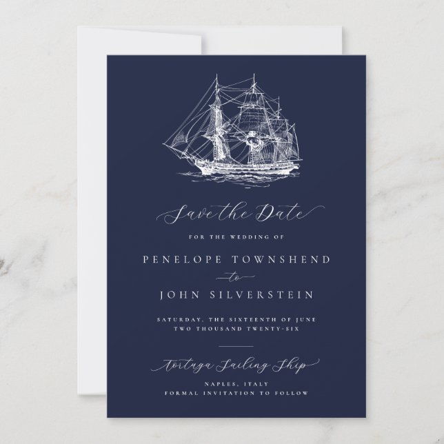 Elegant Nautical Frakt Navy Blue Bröllop Spara Datumet (Framsida)