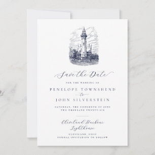 Elegant Nautical Lighthouse Illustration Bröllop Spara Datumet