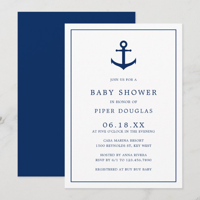 Elegant Nautical Navy Blue Anchor Boy Shower Inbjudningar (Fram/baksida)