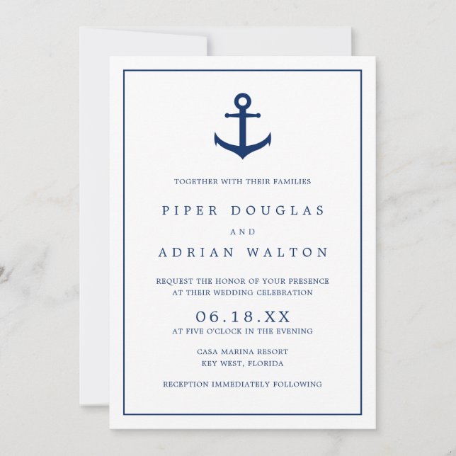 Elegant Nautical Navy Blue Anchor Bröllop Inbjudningar (Framsida)